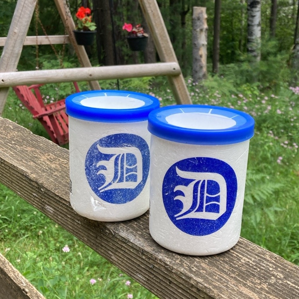 MCM 2 DETROIT TIGERS Coozies VINTAGE Koozies Coolers Blue White Styrofoam
